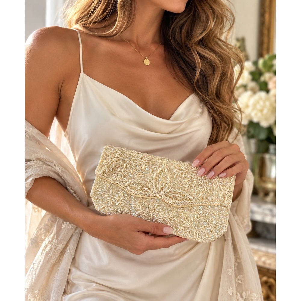 La Regale Vintage Beaded Clutch Cream Pearl Sequin Evening Bag Wedding Bridal